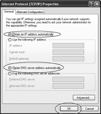 Seleccione aqui a opção Obter um endereço IP automaticamente (Obtain an IP adress automatically) e Obter endereço do servidor DNS automaticamente (Obtain DNS server adress automatically).
