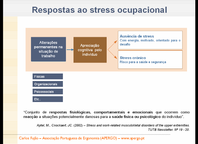 Respostas ao stress ocupacional O indivíduo sente que os recursos (físiológicos, psicológicos e emocionais) não são suficientes para ultrapassar o desafio.