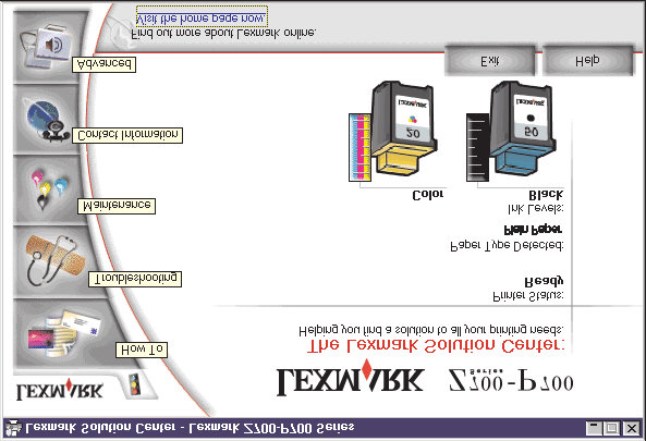 Centro de Soluções Lexmark O Centro de Soluções Lexmark Z700-P700 Series (LSC) é um guia que você pode consultar para obter ajuda sobre a impressora.