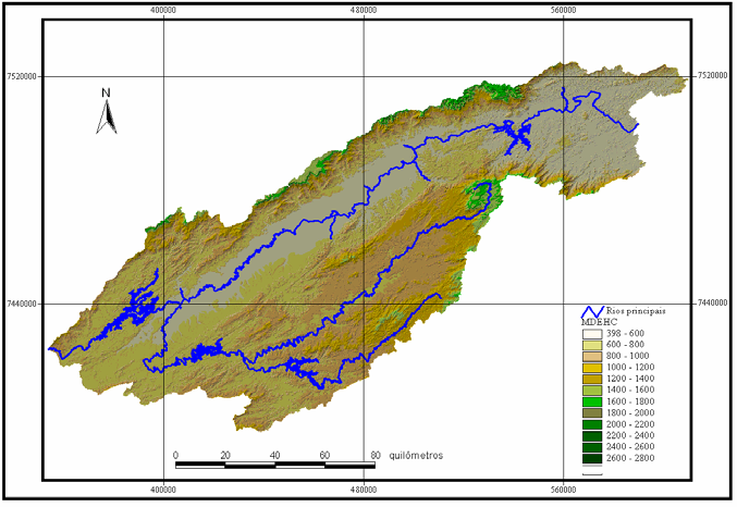 Regionalização de vazões com base em modelo digital de elevação para a Bacia do Rio Paraíba do Sul 619 FIGURA 3. Modelo digital de elevação hidrologicamente consistente para a área em estudo.