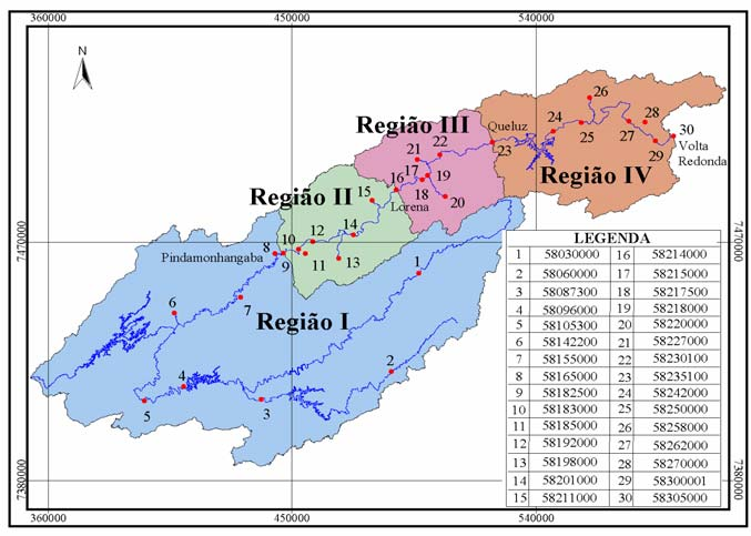 Redonda (Figura 4). FIGURA 4. Delimitação das regiões hidrologicamente homogêneas para vazões máxima, ima e média de longo período para a bacia do Paraíba do Sul, a montante de Volta Redonda.