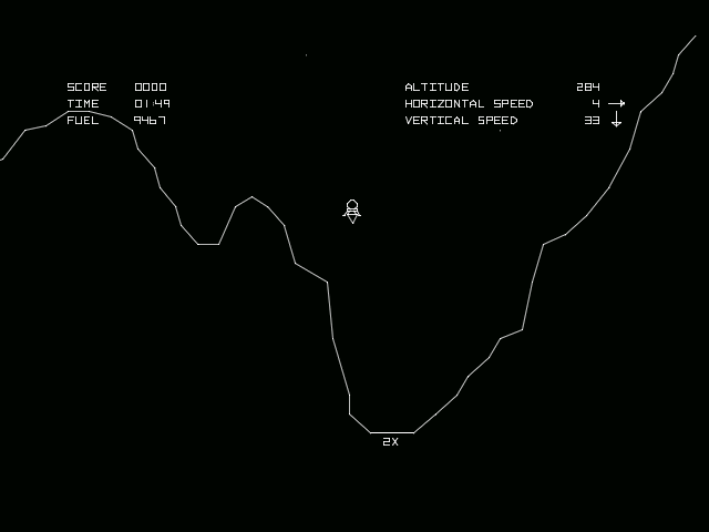 1979 Lunar Lander, o primeiro jogo comercial com gráficos vetoriais, na forma de wireframes, isto é, os objetos eram formados por linhas como
