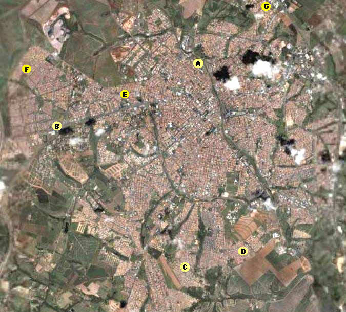 97 Figura 27 Imagem de satélite do município de Limeira, SP que mostra a distribuição geográfica dos surtos A, B, C, D, E, F e G. Limeira, SP. 2006. Escala: 1:20.
