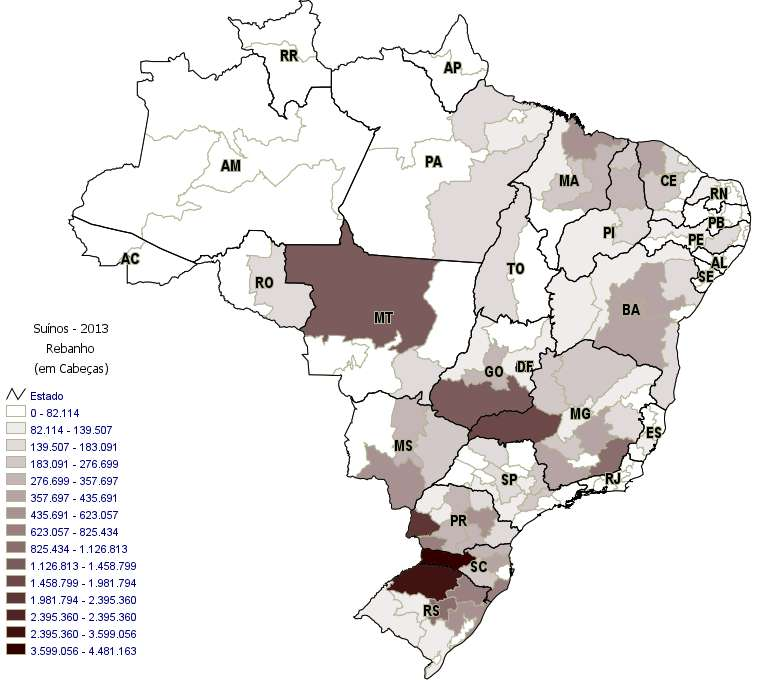 Conceito: balanço de nutrientes Região Norte Suínos: 1.2 mi cab. (3,4 %) Área agrícola: 1.5 mi ha Pastagens: 32.6 mi ha Suínos/ha: 0.03 Região Centro-Oeste Suínos: 5.1 mi cab.