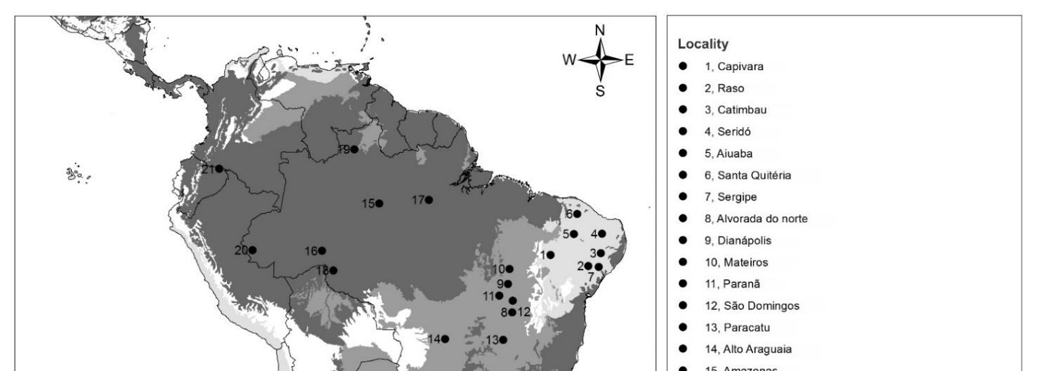 Figuras Figura 1. Mapa das áreas amostradas. Os pontos de 1 a 7 pertencem ao bioma Caatinga, de 8 a 14 ao bioma Cerrado e de 15 a 21 ao bioma Amazônia.