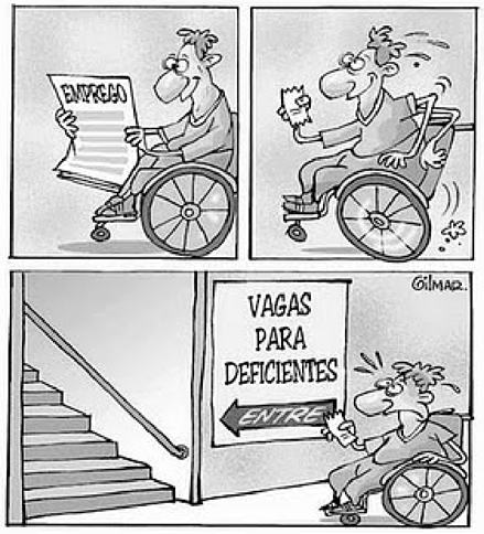 O cartum evidencia um desafio que o tema de inclusão social impõe às democracias contemporâneas. Esse desafio exige a combinação entre a) participação política e formação profissional diferenciada.