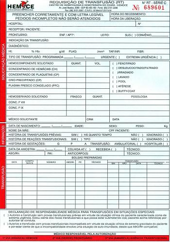 Identificação do hospital e Declaro do paciente estar ciente dos riscos transfusionais a que possa estar submetendo o(a) Componente e hemoderivado paciente solicitados acima e identificação referido