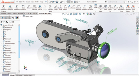 Você pode definir, organizar e publicar PMIs 3D, como dados de modelo 3D, em formatos de arquivo padrão do setor (como arquivos do SOLIDWORKS, edrawings, PDF 3D e STEP 242).