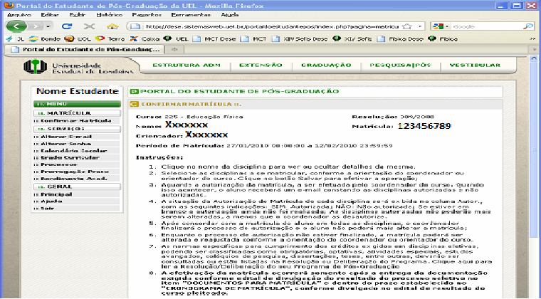 4. Aparecerá a tela com os dados do estudante (1), instruções (2), lista de disciplinas ofertadas (3), campos para indicar em