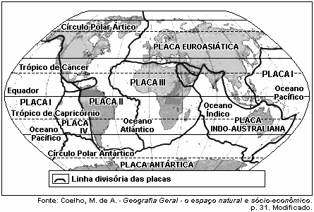 18. (UFC) Observe o planisfério a seguir que destaca áreas onde se localizam placas tectônicas, cujos movimentos promovem a formação de importantes feições nos limites entre as placas.