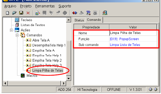 Comando Limpa Pilha de Telas : função PopUpScreen, com o sub comando Limpa Lista de Telas, para retirar todos os
