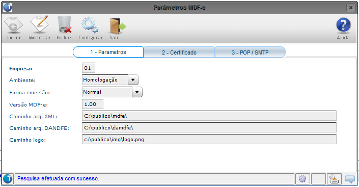 4. OBF50250 Parâmetros MDF-e Programa criado para manutenção dos parâmetros de geração de XML/PDF. Detalhamento dos campos Empresa: Código da empresa onde os parâmetros a seguir serão utilizados.