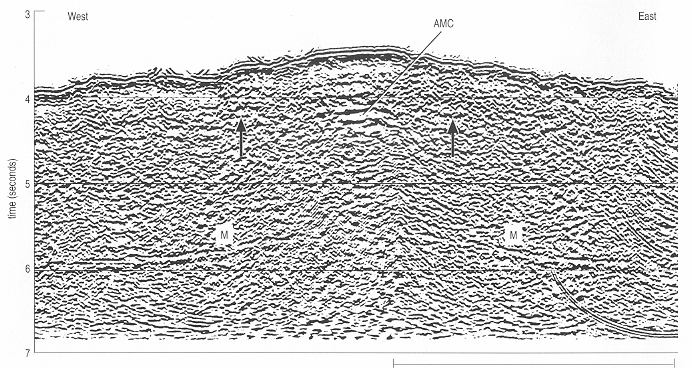 CROSTA OCEÂNICA Câmara Magmática peridotito 10 km Open University 2001 Perfil sísmico (reflexão) identificando (em