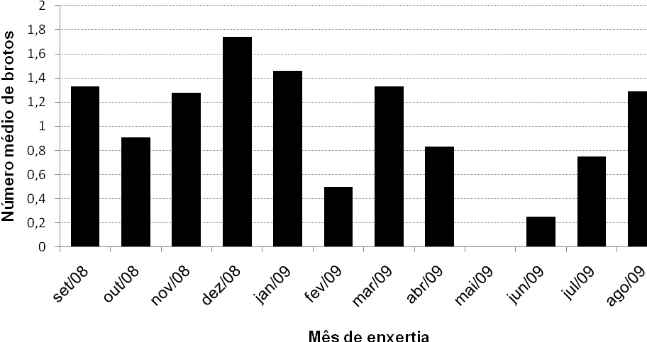 25 FIGURA 6. Número médio das brotações do rambutan aos 90 DAEn por fenda cheia, no período de setembro de 2008 à agosto 2009. Jaboticabal-SP, 2010. 4.1.3.