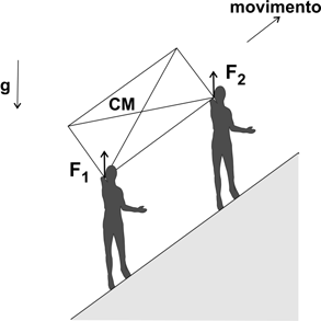 Q. Para carregar um pesado pacote, de massa M = 9 kg, ladeira acima, com velocidade constante, duas pessoas exercem forças diferentes.