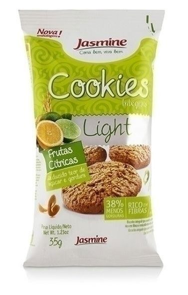 Cookie Integral Light, Frutas Cítricas Jasmine Excelente opção de cookie rico em fibras e proteínas, com 33% menos açúcar e 30% menos gordura total, quando comparado aos produtos similares, além de