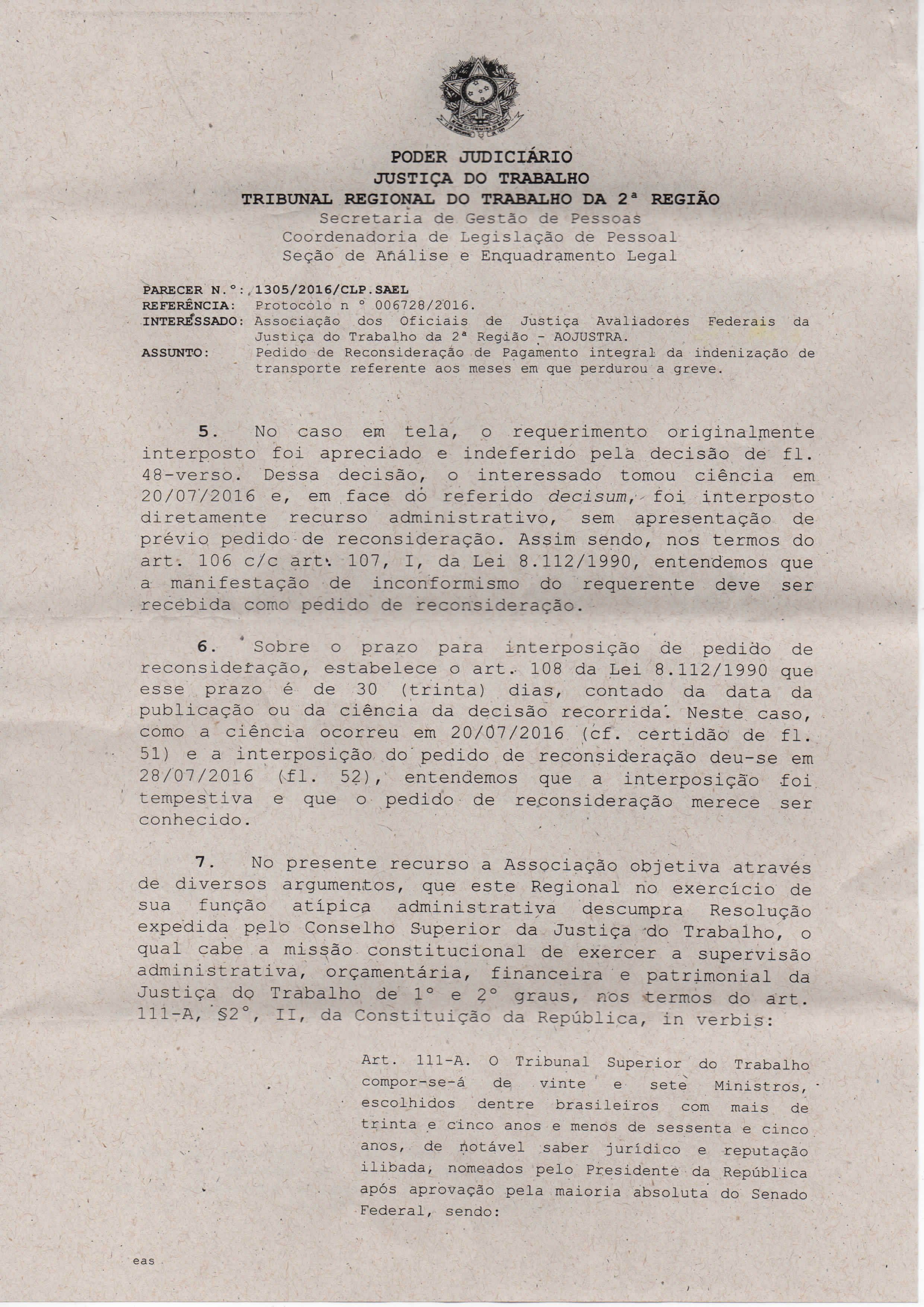 PARECER N. : REFERÊNCIA: INTERESSADO: ASSUNTO: PODER JUDICIÁRIO Secretaria -P c ~ ;=,1305/2016/CLP.SAEL Protocolo n 006728/2016.