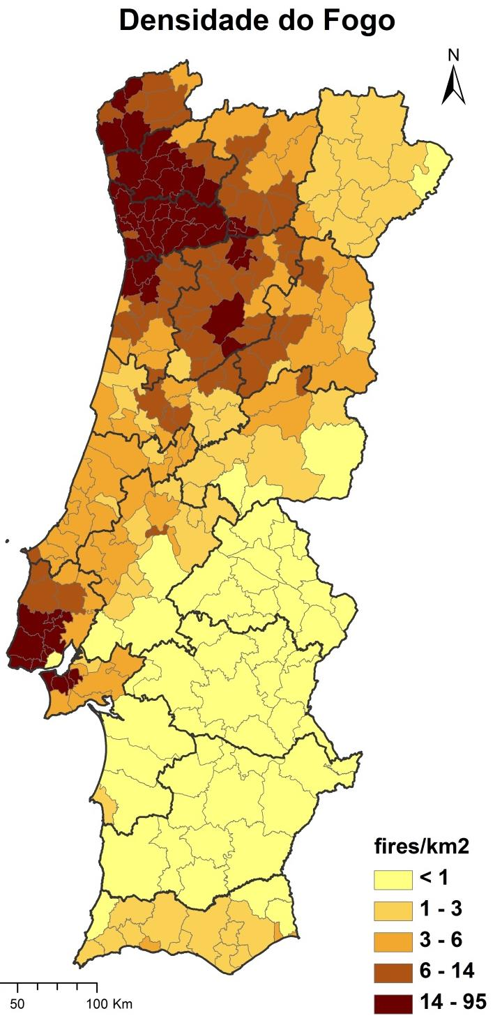 fogos rurais (1980-2005); a) densidade