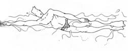 Habilidades específicas Formas de deslocamento: 4) nado lateral a) A perna mais submersa faz pernada de crol b) A perna da superfície faz pernada de bruços c) juntam-se as duas rapidamente a) Falha