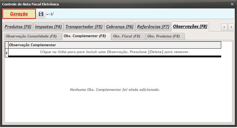 Guia Observações (F8) Observação complementar