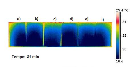 ARGAMASSAS DE TERRA PARA REBOCOS INTERIORES de um dia (aos 0, 81, 135 minutos e 5 horas) foi observada a variação de temperatura dos provetes, sendo captados termogramas, que podem ser observado na