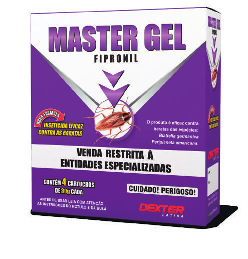 17 MASTER GEL Fipronil Master Gel Fipronil é uma isca em gel de fácil aplicação e alta eficácia contra infestações de baratas (Blatella germanica e Periplaneta americana) em casas, apartamentos,