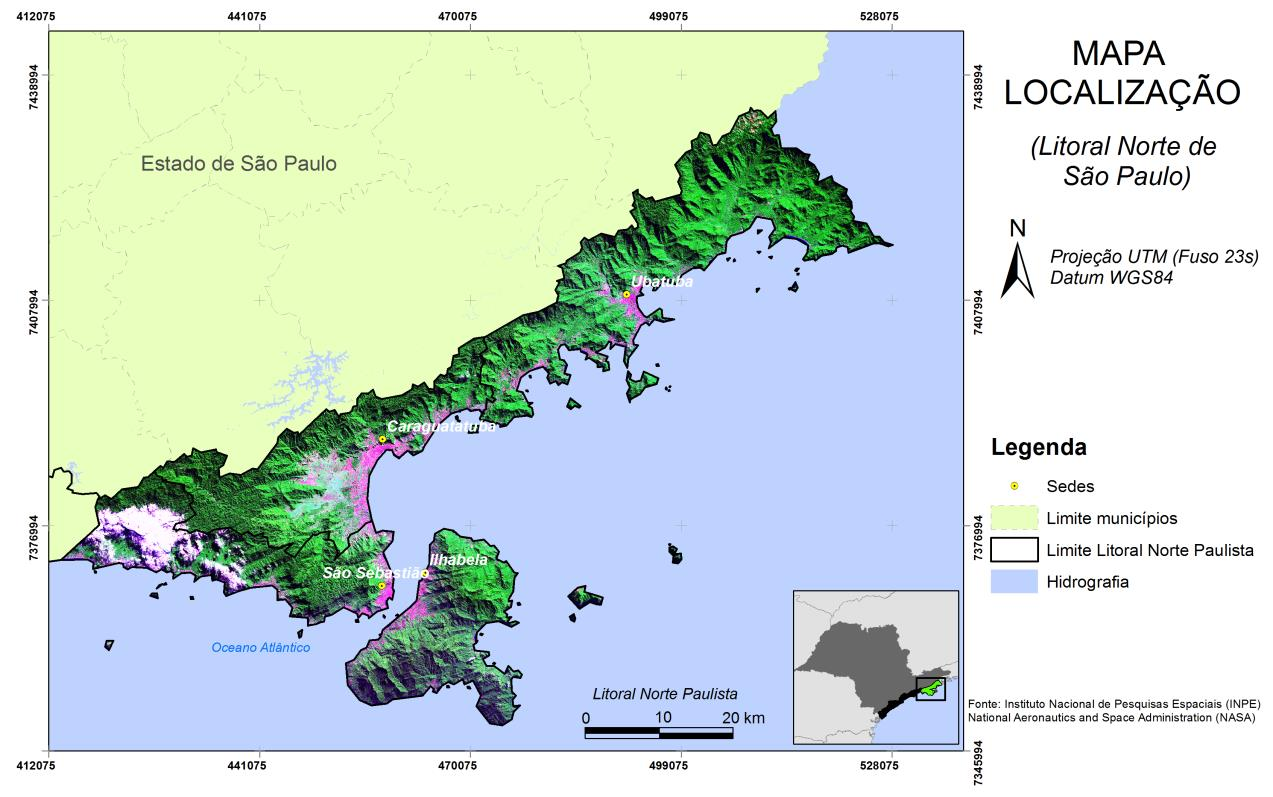 Caracterização da área de pesquisa detalhada Localização do Litoral Norte no Estado de São Paulo.