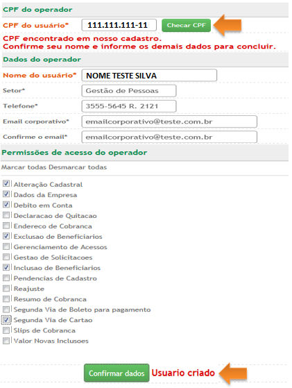 11 Digitar o CPF e clicar em Checar CPF. Em seguida, informar os dados do operador. Após, liberar as permissões. E clicar em Confirmar dados.