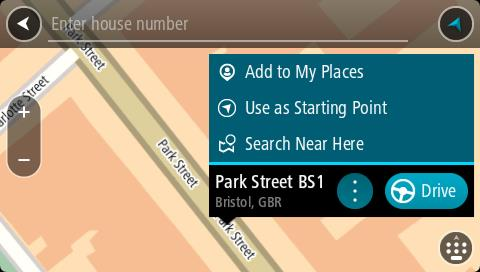 Se mostrar o resultado no mapa, pode usar o menu pop-up para adicionar a localização a Os meus locais. Se já está planeado um percurso, pode adicionar a localização ao seu percurso atual.
