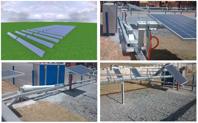 Estrutura Tracker de 1 eixo P640 Possui tecnologia inteiramente nacional com atuador de alta confiabilidade Projetado para até 640 painéis de 72 células ( ~ 204 kwp) 5 atuadores por MWp