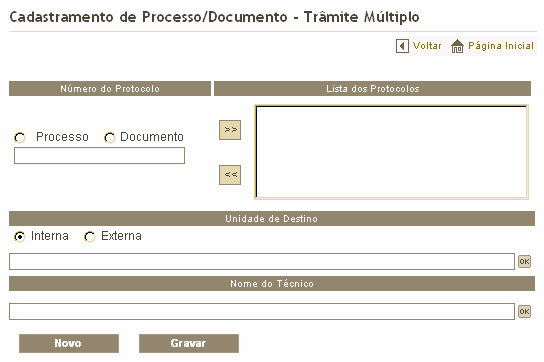 6.3. Trâmite múltiplo Para você tramitar diversos documentos para uma única unidade, clique na opção Trâmite Múltiplo e será apresentada a seguinte tela: 1. Informe qual o tipo de protocolo. 2.