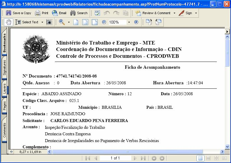 3. Clique no botão. O sistema mostrará janela com o relatório em pdf: 4. Clique no botão para imprimir a ficha de acompanhamento. 10.1.2.