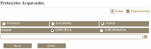 10.3.4. Protocolos arquivados Para emitir o relatório com protocolos arquivados, clique na opção Protocolos Arquivados e será apresentada a seguinte tela: 1. Informe o tipo de protocolo. 2.