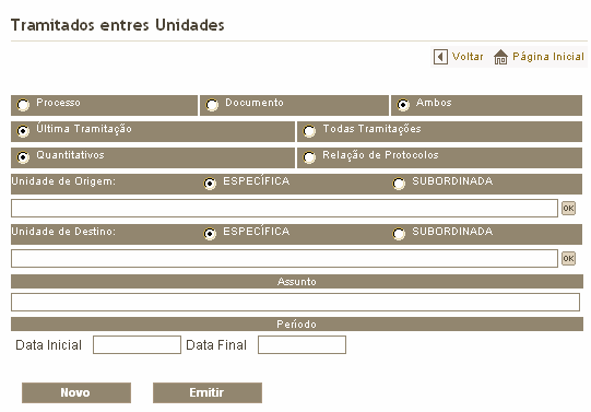 10.3.6. Tramitados entre unidades Para emitir o relatório com os protocolos tramitados entre unidades, clique na opção Tramitados entre Unidades e será apresentada a seguinte tela: 1.