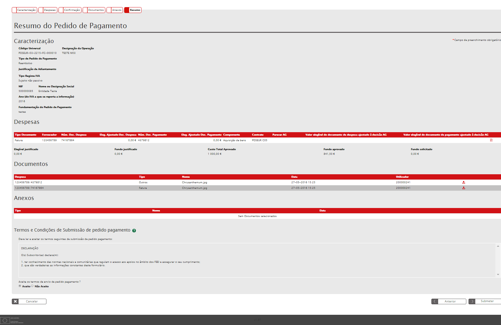 3.1.2.6 Resumo FIGURA 21 INSERIR PEDIDOS DE PAGAMENTO RESUMO DO PEDIDO DE PAGAMENTO Este ecrã permite visualizar toda a informação adicionada para o Pedido de Pagamento.