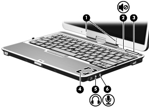 1 Utilização de hardware multimídia Utilização dos recursos de áudio A ilustração e a tabela a seguir descrevem os recursos de áudio do computador.