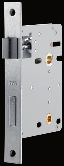 Cerradura de interior con lengüeta silenciosa para puertas de madera; Manipulación por botón 6mm (ver pag. 53-54); Opción: cerradero entero.