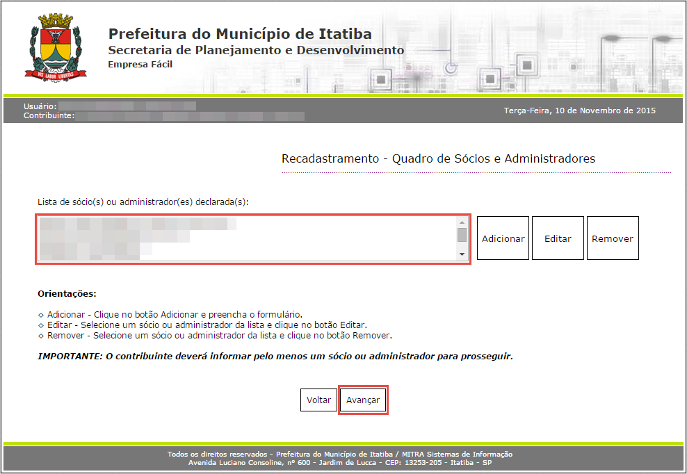 É possível Editar ou Remover um sócio ou administrador selecionando-o na lista e clicando na respectiva ação.