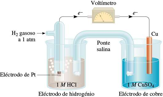 Potenciais Padrão do Elétrodo Pt (s) H 2 (1 atm) H + (1 M) Cu 2+ (1 M) Cu (s) E 0 E 0 = 0,34 V célula = E cátodo 0 E célula ânodo 0 E célula 0 = E Cu 0 2+ /Cu E H 0 / H 2 + 0,34