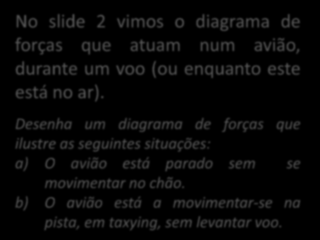 As bases No slide 2 vimos o diagrama de forças que atuam num avião, durante um