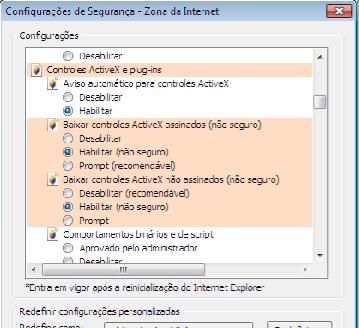 Configuração do plugin ActiveX A janela retornará ao estado anterior. Clique em Aplicar e em OK.