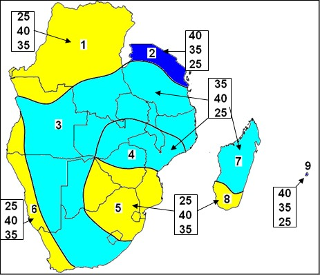 Fig. 2: Previsão de chuvas para Janeiro-Março de 2012 Zona 1: Grande parte da RDC e parte mais a norte de Angola. Aumento da probabilidade de chuvas abaixo do normal a normais.