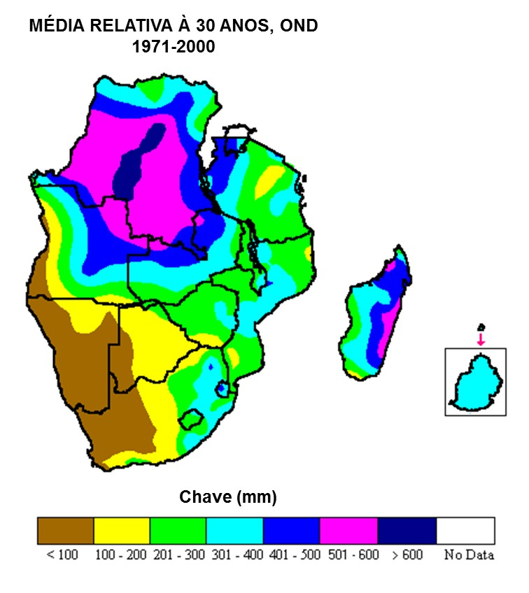 A Figura 3 (a) e (b) mostra a média de chuvas correspondente à 30 anos (1971-2000) nos países da SADC. As chuvas aumentam do sudoeste para o nordeste da SADC contígua em cada caso.