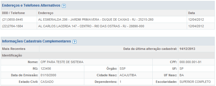 Credit Bureau - Relatório END. E TEL. ALTERNATIVOS Apresenta até 3 informações de endereços e telefones para o documento consultado.