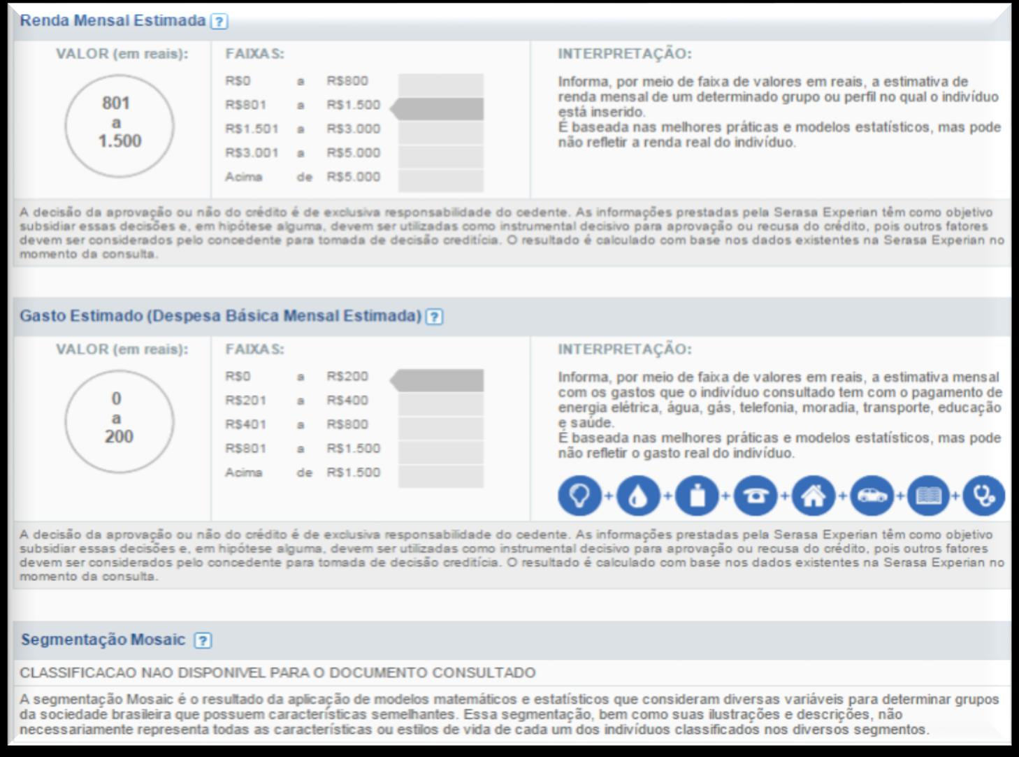 Credit Bureau Features RENDA MENSAL ESTIMADA Por meio de cálculos estatísticos, exibe em reais, a renda mediana estimada GASTO ESTIMADO Estimativa de gasto mensal com energia, gás, água, telefonia,