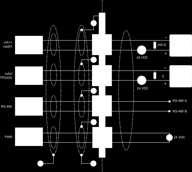 Figura 3-3: Ligação da saída em ma/do/tps usando barreiras de segurança Área classificada Área não classificada A. HART/Dispositivo comunicador de campo B. Dispositivo de sinal C.