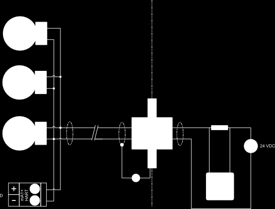 Figura 3-11: Ligar dispositivos HART externos em uma área intrinsecamente segura (barreira única) Área classificada Área não classificada A. Dispositivo HART 1 B. Dispositivo HART 2 C.