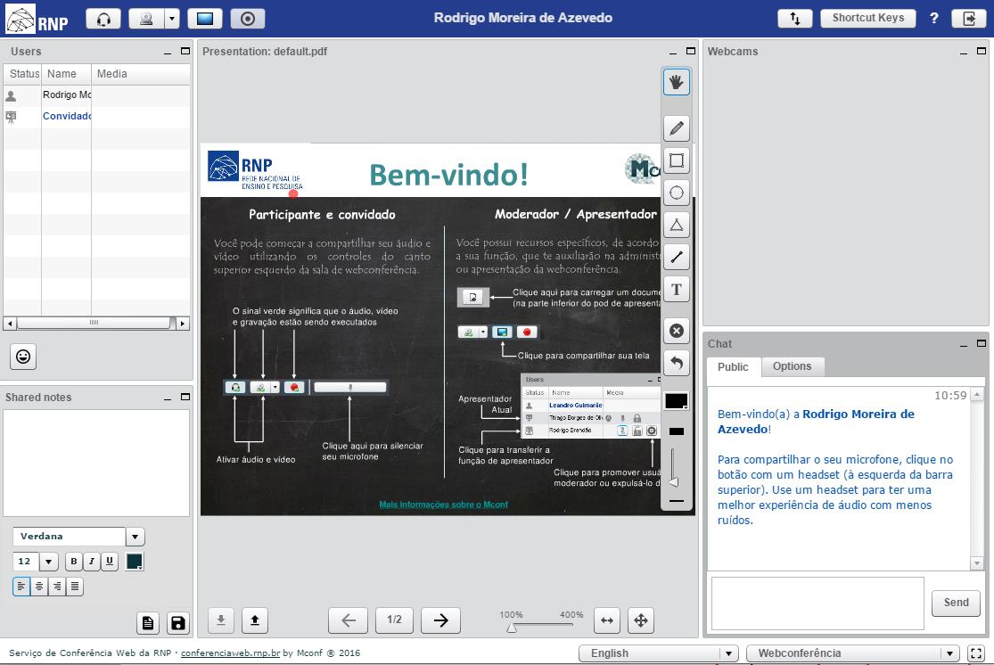 Sala de conferência web Visão Apresentador Compartilhar tela Sair Áudio