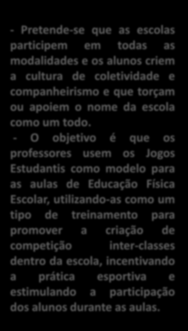 Metodologia - Pretende-se que as escolas participem em todas as modalidades e os alunos criem a cultura de coletividade e companheirismo e que torçam ou apoiem o nome da escola como um todo.