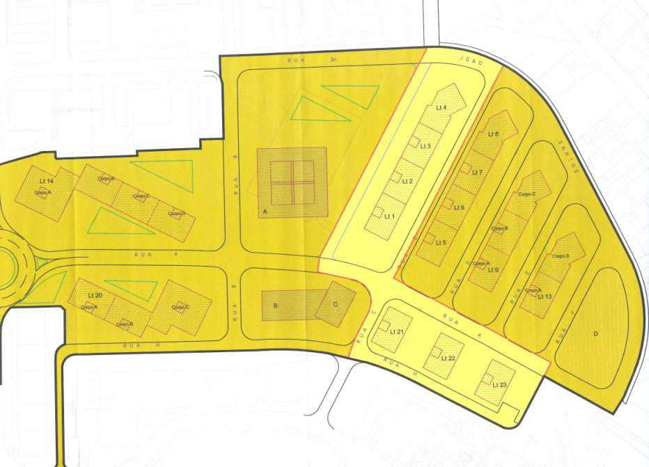 Em 2004, foi lançado o concurso público para a 1ª fase deste loteamento (7 lotes, área sombreada a amarelo claro na figura seguinte), relativo à construção de 64 fogos para realojamento PER e
